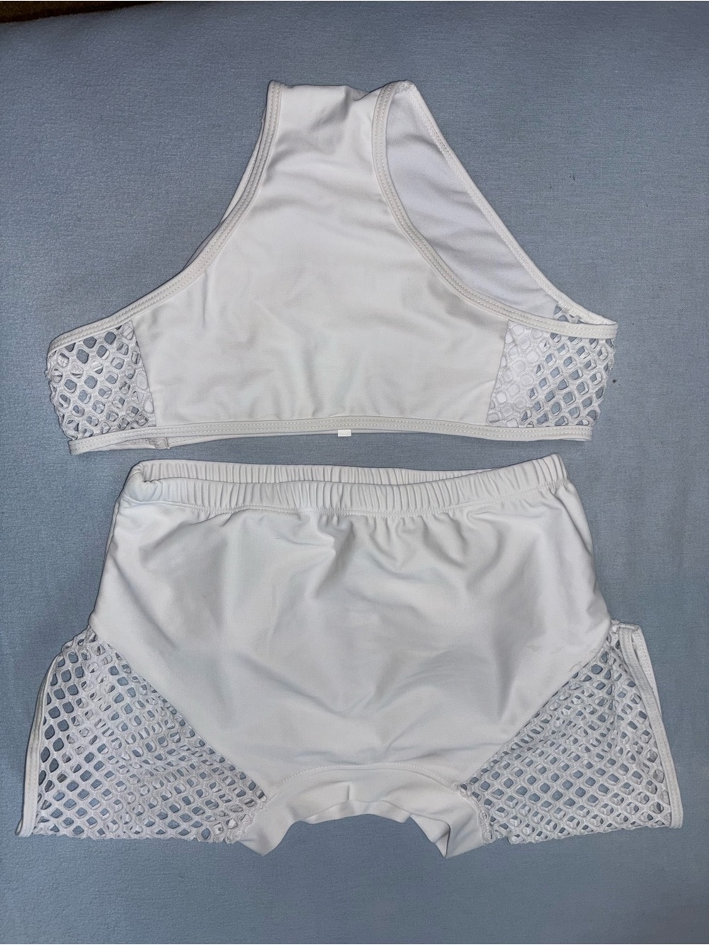 White Mesh-Accent Bikini Set — Sporty High-Neck Top & High-Waist Bottoms